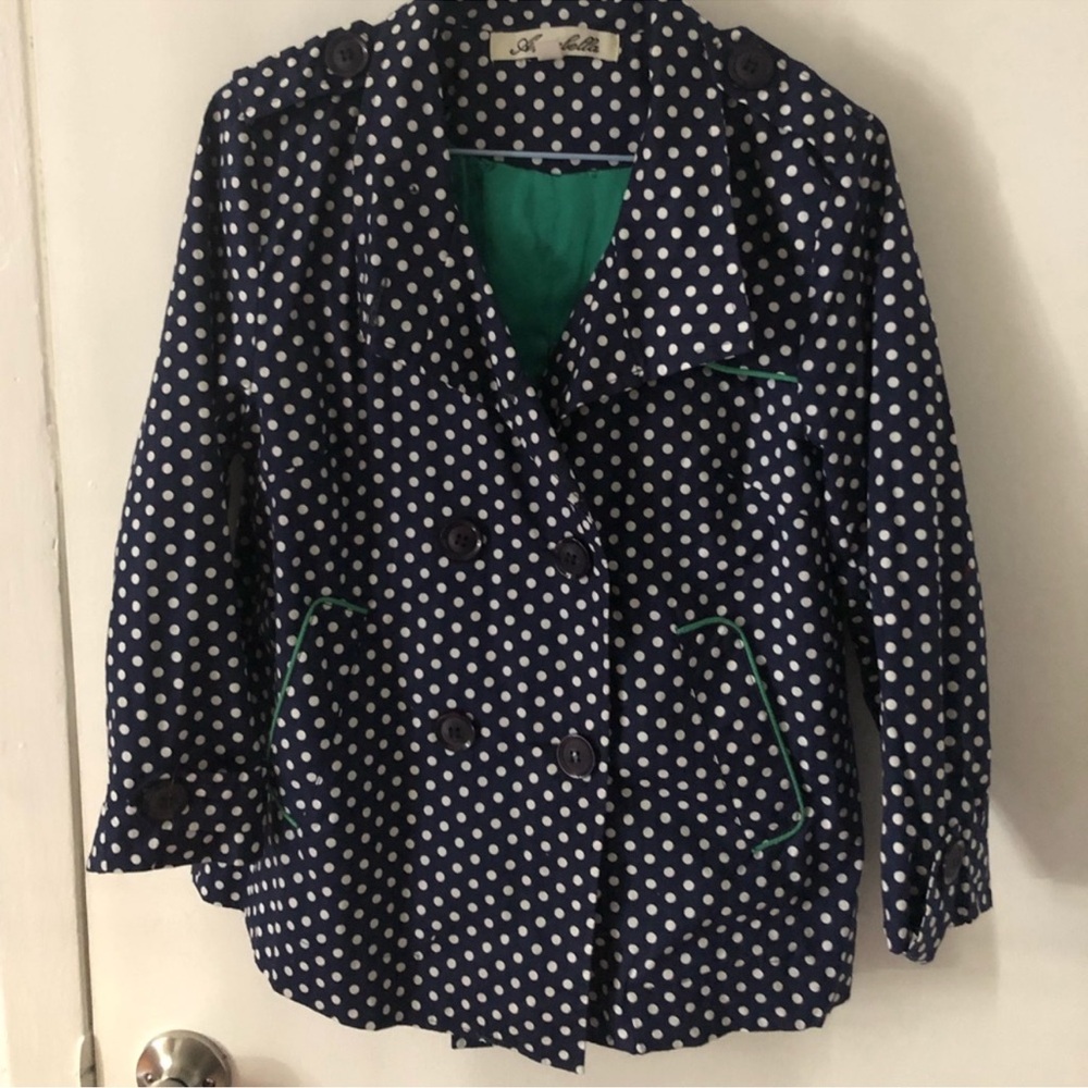 Annabella Navy and Green Polka Dot Trench Coat